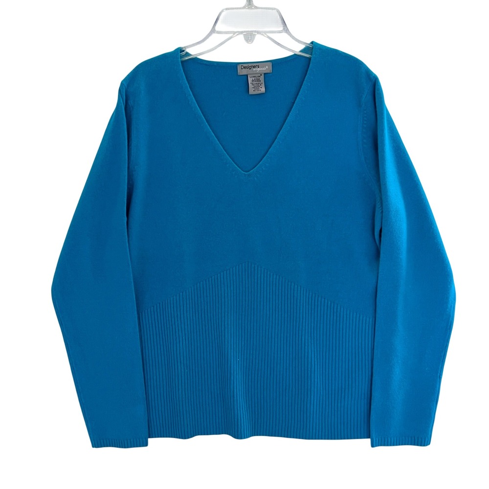 Designers Originals Luxelon Turquoise Blue V-Neck Ribbed Waist Sweater Large